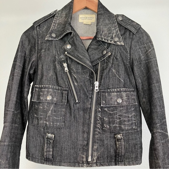 Ralph Lauren Moto Jean Jacket in Distressed Black Denim w/ Zipper Pockets XS - Picture 1 of 16